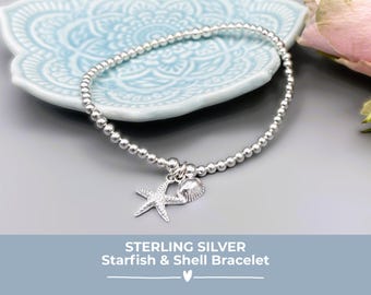 Sterling Silver Starfish & Shell Charm Bracelet, Summer Holiday, Beach Jewellery