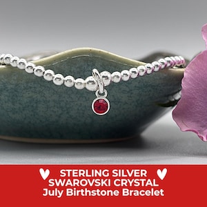 Sterling Silver July Birthstone Bracelet, Ruby Swarovski Crystal Beaded Charm Jewellery