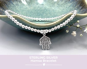 Sterling Silver Hamsa Hand Bracelet: Beaded Spiritual Protection Charm