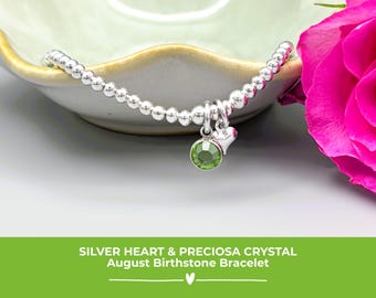 Silver August Birthstone Bracelet, Heart & Peridot Preciosa Crystal Charms