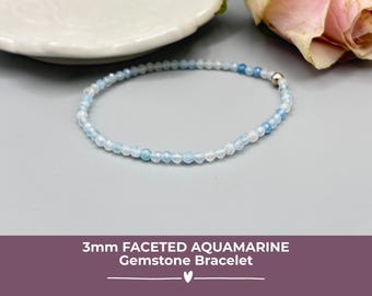 Aquamarine Beaded Bracelet, Genuine 3mm Faceted Gemstone, March Birthstone Jewellery Gift