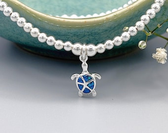 Sterling Silver Turtle Bracelet, Blue Opal Sea Turtle Charm