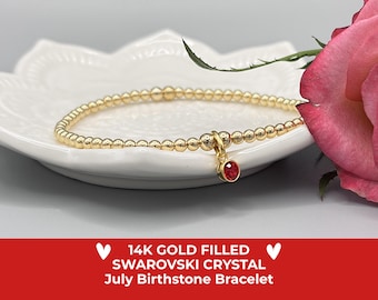 July Birthstone Bracelet, 14K Gold Filled, Ruby Red Swarovski Crystal Charm