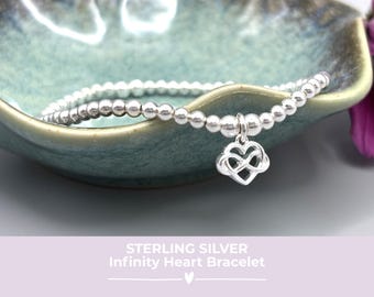 Sterling Silver Infinity Heart Charm Bracelet: Beaded Stacking Jewellery