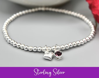 Sterling Silver February Birthstone Bracelet: Heart Charm, Amethyst Swarovski Crystal