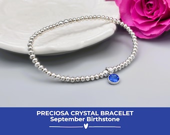 Silver September Birthstone Bracelet: Sapphire Blue Preciosa Crystal Charm, Birthday Gift