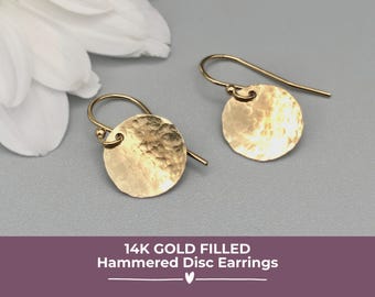 Hammered Disc Drop Earrings: 14k Gold Filled Textured Circles