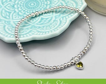 Sterling Silver August Birthstone Bracelet, Peridot Green Swarovski Crystal Heart Charm