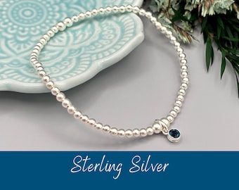 Sterling Silver December Birthstone Bracelet, Blue Zircon Swarovski Charm, Minimalist Beaded Stretch Birthday Gift