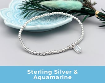 Sterling Silver Aquamarine Bracelet, Gemstone Birthstone Bracelet, March Birthday Gift for Her