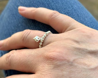 Minimalist Sterling Silver Beaded Stretch Ring, Puffed Heart Charm, Stackable Adjustable Ring