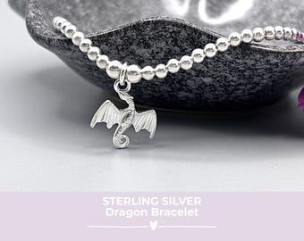 Sterling Silver Dragon Charm Bracelet, Beaded Stacking Jewellery