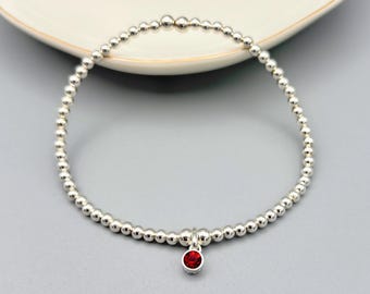 January Birthstone Bracelet, Sterling Silver Beaded Bracelet with Garnet Swarovski Crystal, Birthday Gift for Her