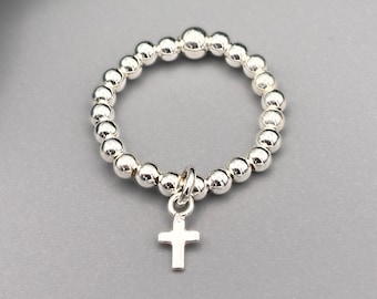 Sterling Silver Cross Ring with Beaded Stretch Band