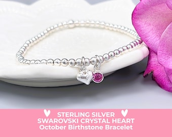 Sterling Silver October Birthstone Bracelet, Sterling Silver Heart Charm & Pink Tourmaline Swarovski Crystal