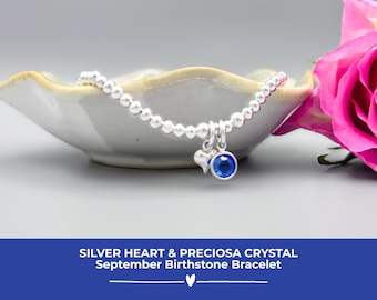 Silver September Birthstone Bracelet, Heart & Sapphire Blue Preciosa Crystal Charms, Birthday Gift