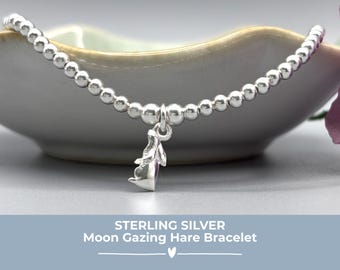 Moon Gazing Hare Bracelet in Sterling Silver, Woodland Animal Jewellery, Meaningful Gift for Her