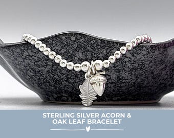 Sterling Silver Oak Leaf Acorn Bracelet, Silver Beaded Bracelet, Nature Charm Jewellery