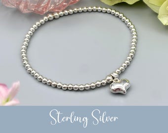 Sterling Silver Puffed Heart Charm Bracelet: Beaded Stacking Jewellery