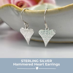 Sterling Silver Heart Earrings, Hammered Silver Drop Earrings, Minimal Timeless Jewellery