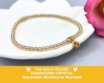 Gold November Birthstone Bracelet, 14K Gold Filled Beaded Stretch Jewellery, Topaz Swarovski Crystal Charm