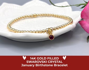 Gold January Birthstone Bracelet: 14K Gold Filled, Garnet Swarovski Crystal Charm