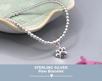 Sterling Silver Paw Print Charm Bracelet, Beaded Stretch Bracelet, Pet Lover Jewellery