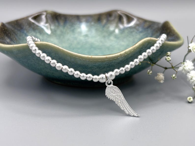 Sterling Silver Angel Wing Bracelet, Beaded Stacking Jewellery, Memorial Bracelet image 2