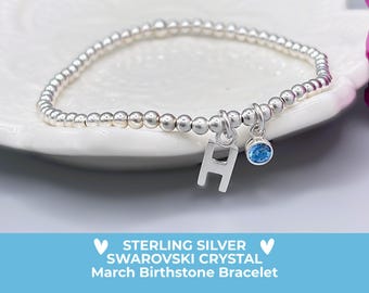 Sterling Silver March Birthstone Bracelet, Personalised Initial & Aquamarine Swarovski Crystal Charm