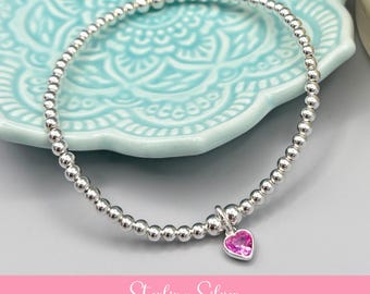 Sterling Silver October Birthstone Bracelet, Pink Tourmaline Swarovski Crystal Heart Charm
