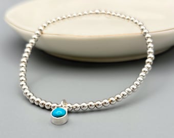 Sterling Silver Turquoise Bead Bracelet, Genuine Gemstone December Birthstone