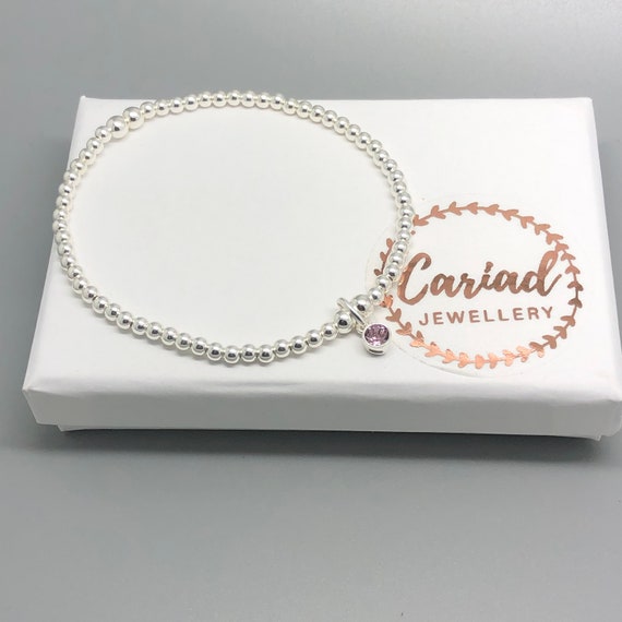 June Birthstone Sterling Silver Beaded Bracelet With
