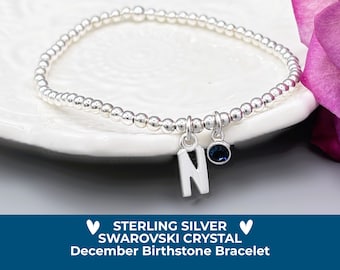 Sterling Silver December Birthstone Bracelet, Personalised Initial & Blue Zircon Swarovski Crystal Charm