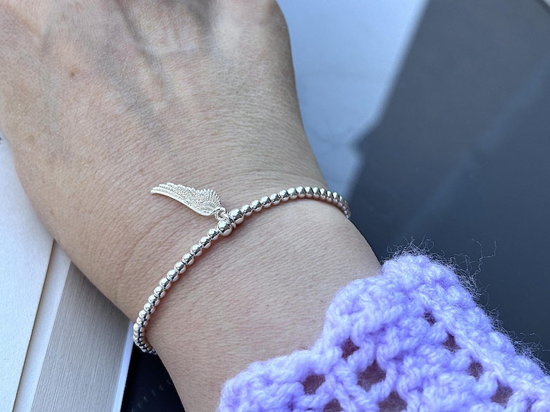 Sterling Silver Angel Wing Bracelet, Beaded Stacking Jewellery, Memorial Bracelet image 3