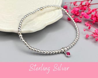 Sterling Silver October Birthstone Bracelet, Pink Tourmaline Swarovski Charm Beaded Bracelet
