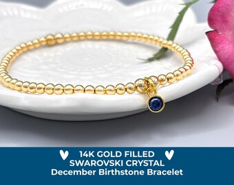 December Birthstone Bracelet, 14K Gold Filled, Blue Topaz Swarovski Crystal Charm