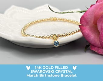Gold March Birthstone Bracelet: 14K Gold Filled, Aquamarine Swarovski Crystal Charm