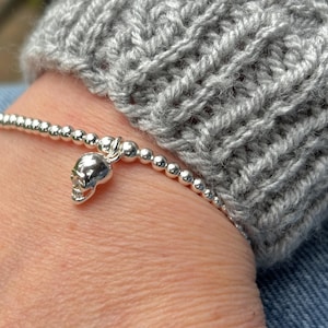 Sterling Silver Skull Charm Bracelet, Beaded Gothic Punk Bracelet