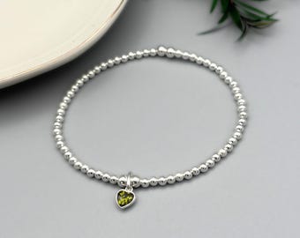 Sterling Silver August Birthstone Bracelet, Peridot Green Swarovski Crystal Heart Charm