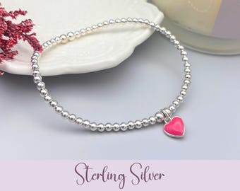 Sterling Silver Heart Bracelet, Pink Heart Charm Beaded Stretch Bracelet, Dainty Love Jewellery Gift for Her
