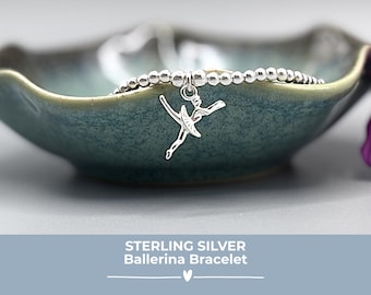 Sterling Silver Ballerina Charm Bracelet, Beaded Stretch Bracelet, Ballet Dancer Gift