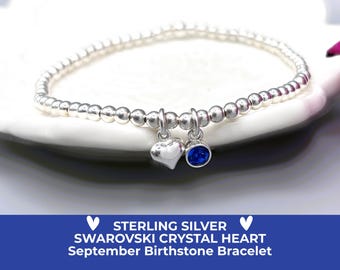 Sterling Silver September Birthstone Bracelet: Heart Charm, Sapphire Swarovski Crystal