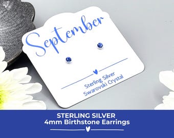 Sterling Silver September Birthstone Earrings, Sapphire Swarovski Crystal Studs