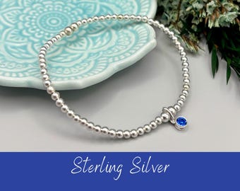 Sterling Silver September Birthstone Bracelet, Sapphire Swarovski Crystal Charm