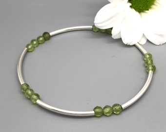 Sterling Silver Peridot Bracelet: August Birthstone Noodle Bangle