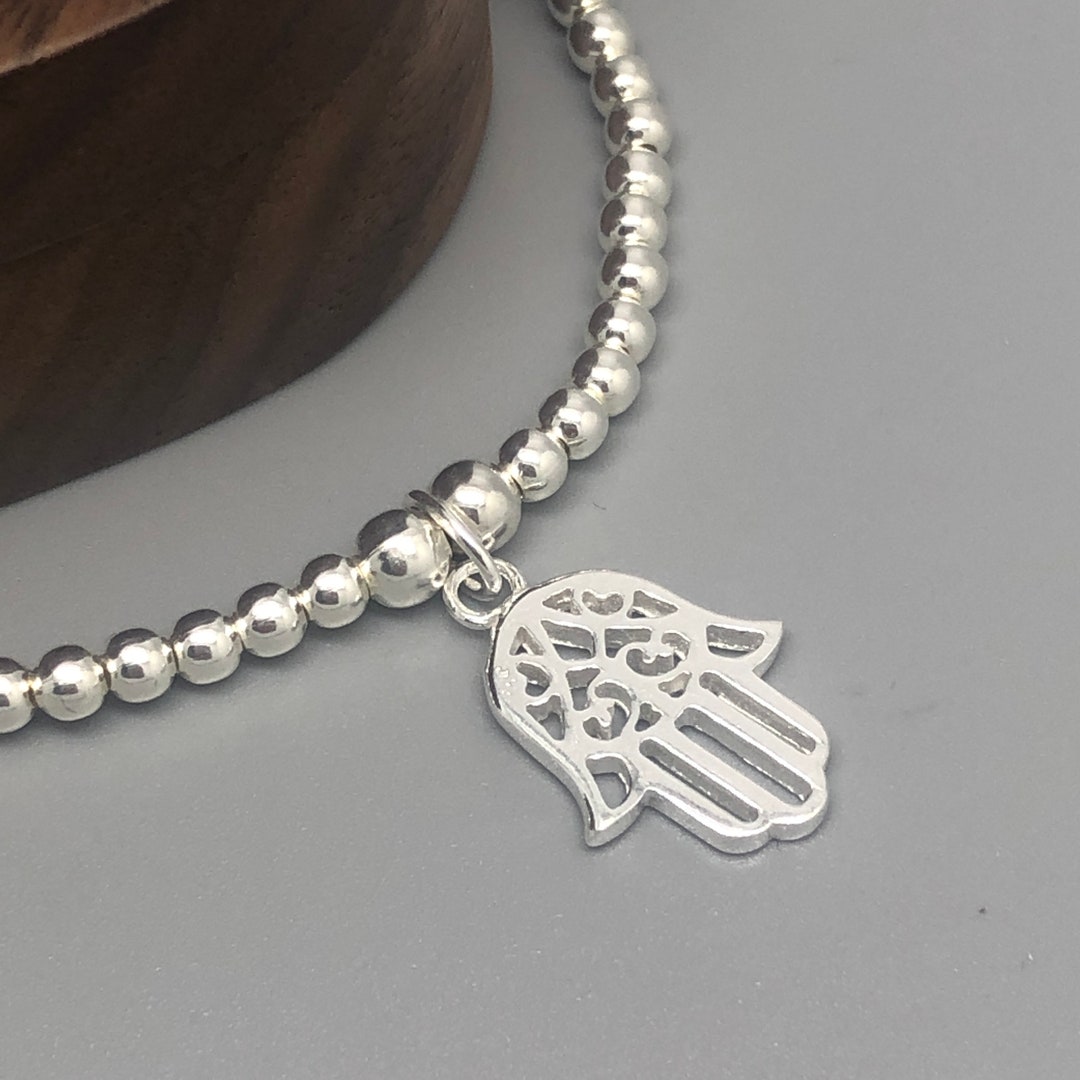 Sterling Silver Hamsa Bracelet, Silver Hamsa Charm, Beaded Bracelet