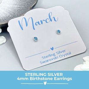 Sterling Silver March Birthstone Earrings, Aquamarine Swarovski Crystal Studs