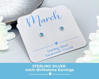 Sterling Silver March Birthstone Earrings, Aquamarine Swarovski Crystal Studs