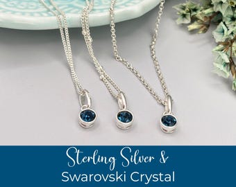 December Birthstone Necklace, Sterling Silver Blue Zircon Swarovski Crystal, Birthday Gift for Her, Minimalist Jewellery
