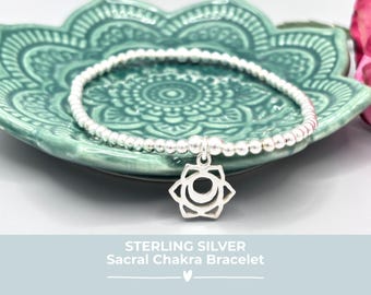 Sterling Silver Sacral Chakra Bracelet, Stretch Beaded Bracelet with Chakra Charm, Yoga Jewellery, Creativity Gift